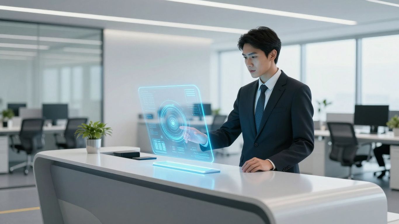 AI receptionist assisting a business professional in an office.