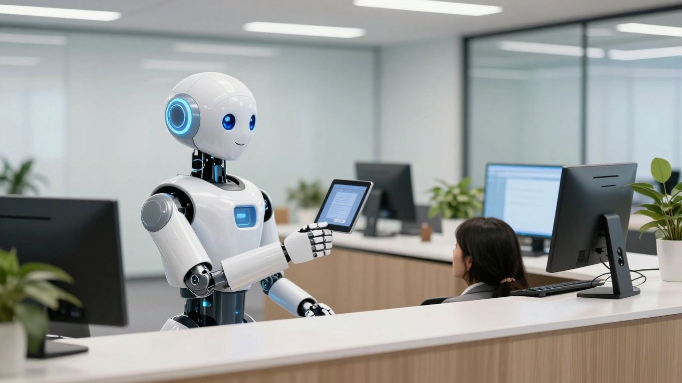AI robot greets person at modern office reception