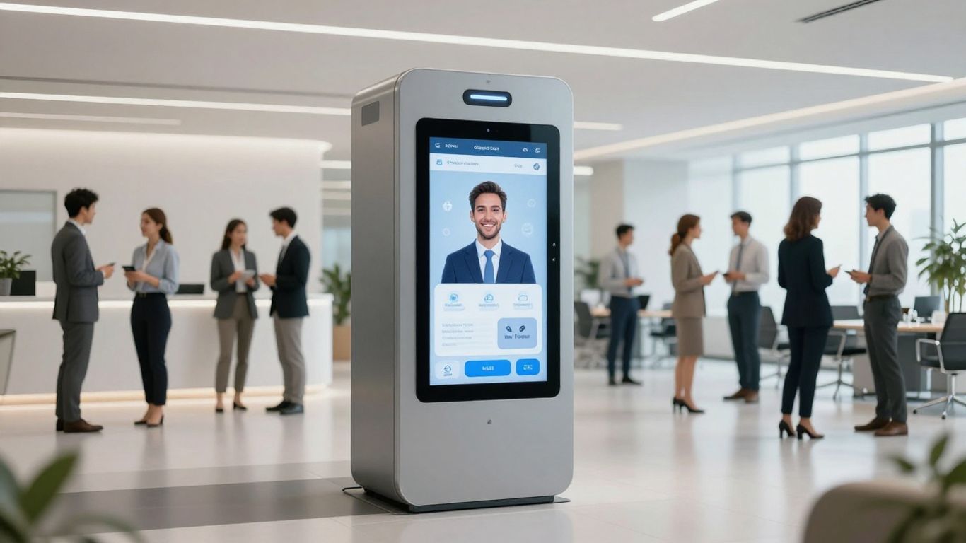 Business people interacting with digital receptionist screen