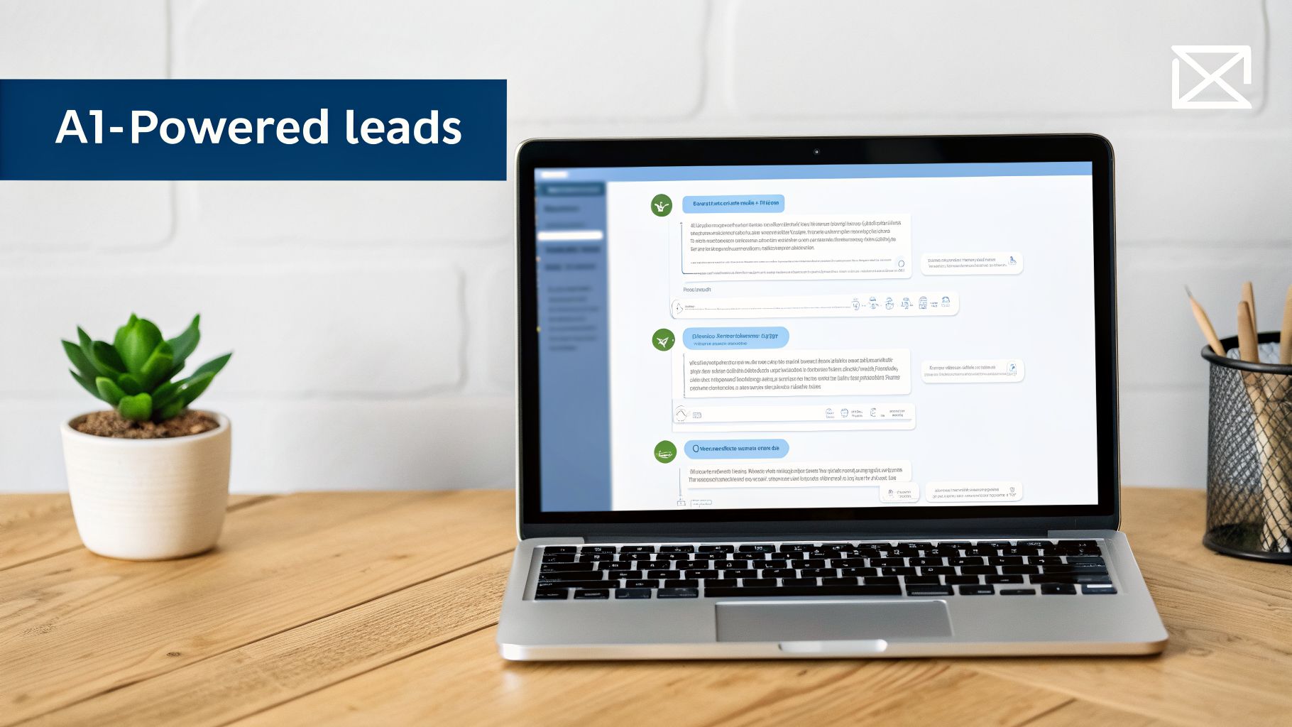 A laptop on a wooden desk displays an AI-powered chatbot interface for lead generation.