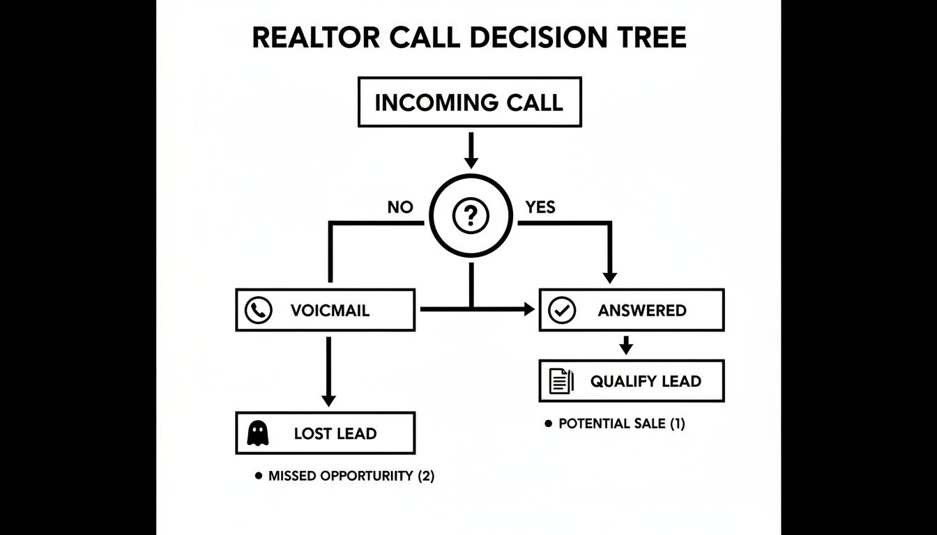 Flowchart illustrating a realtor call decision tree, guiding agents from incoming calls to potential sales or lost leads.