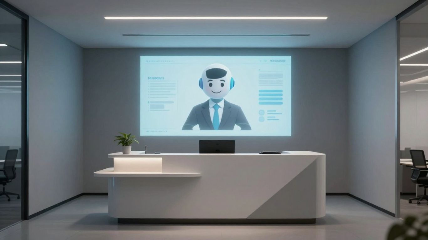 AI virtual receptionist avatar in a modern office setting.