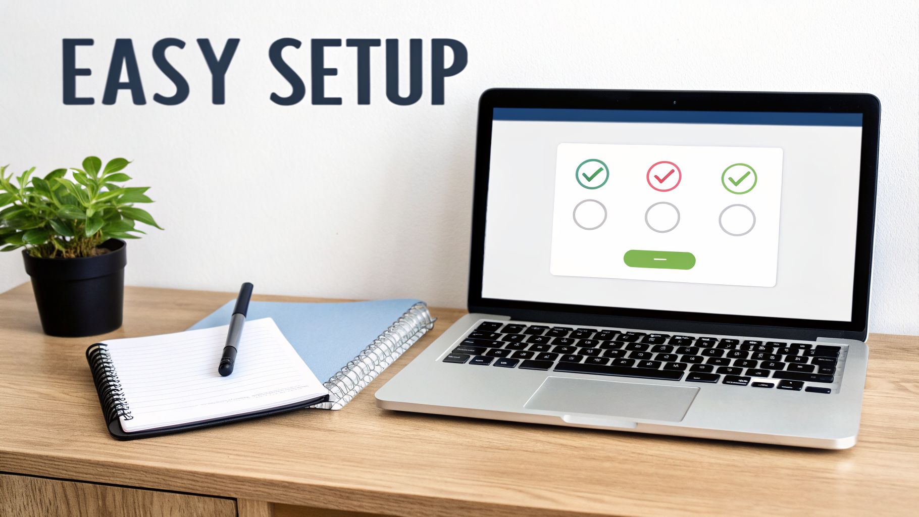 EASY SETUP text above a laptop displaying a checklist, with a plant and notebook on a wooden desk.