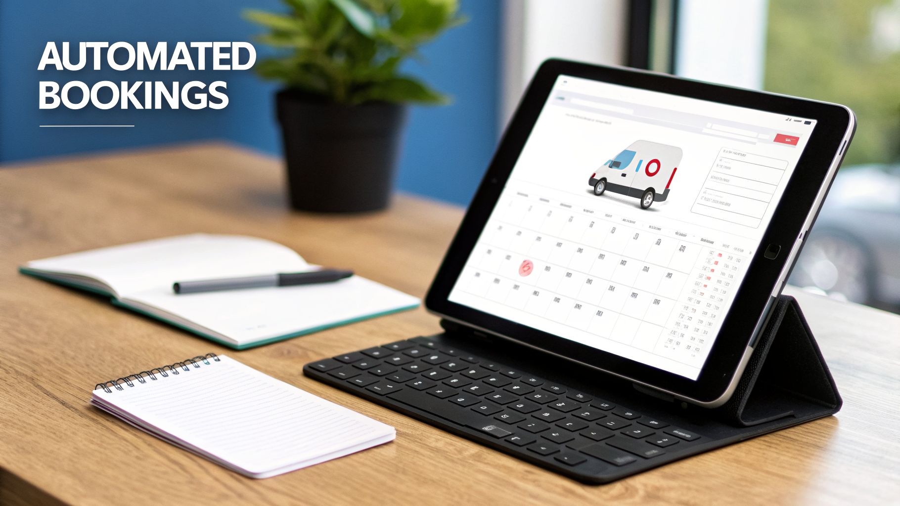 A tablet displaying an automated booking calendar and a vehicle icon, on a wooden desk with notebooks.