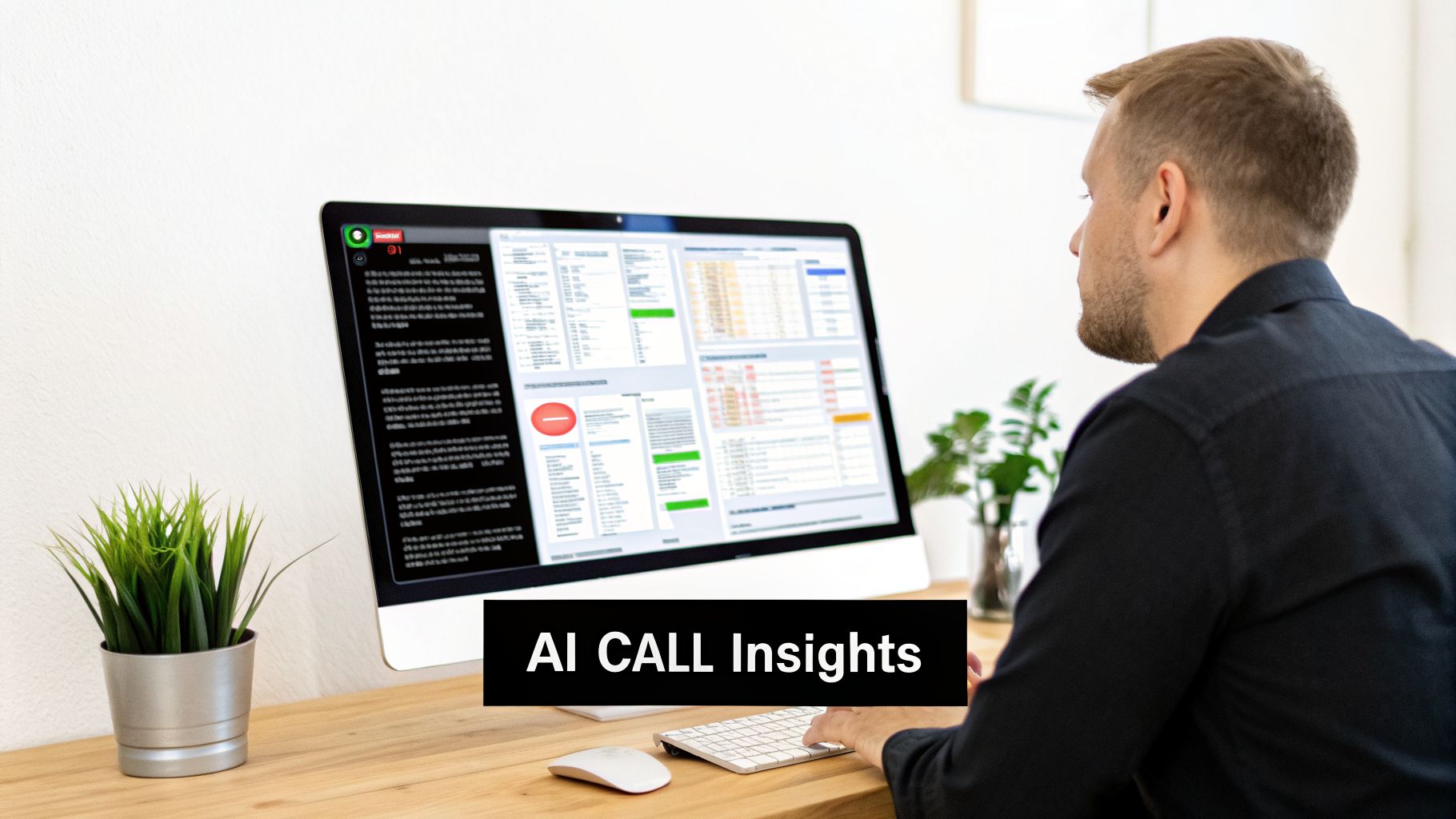 A man analyzes AI call insights on a computer screen, reviewing data and reports.