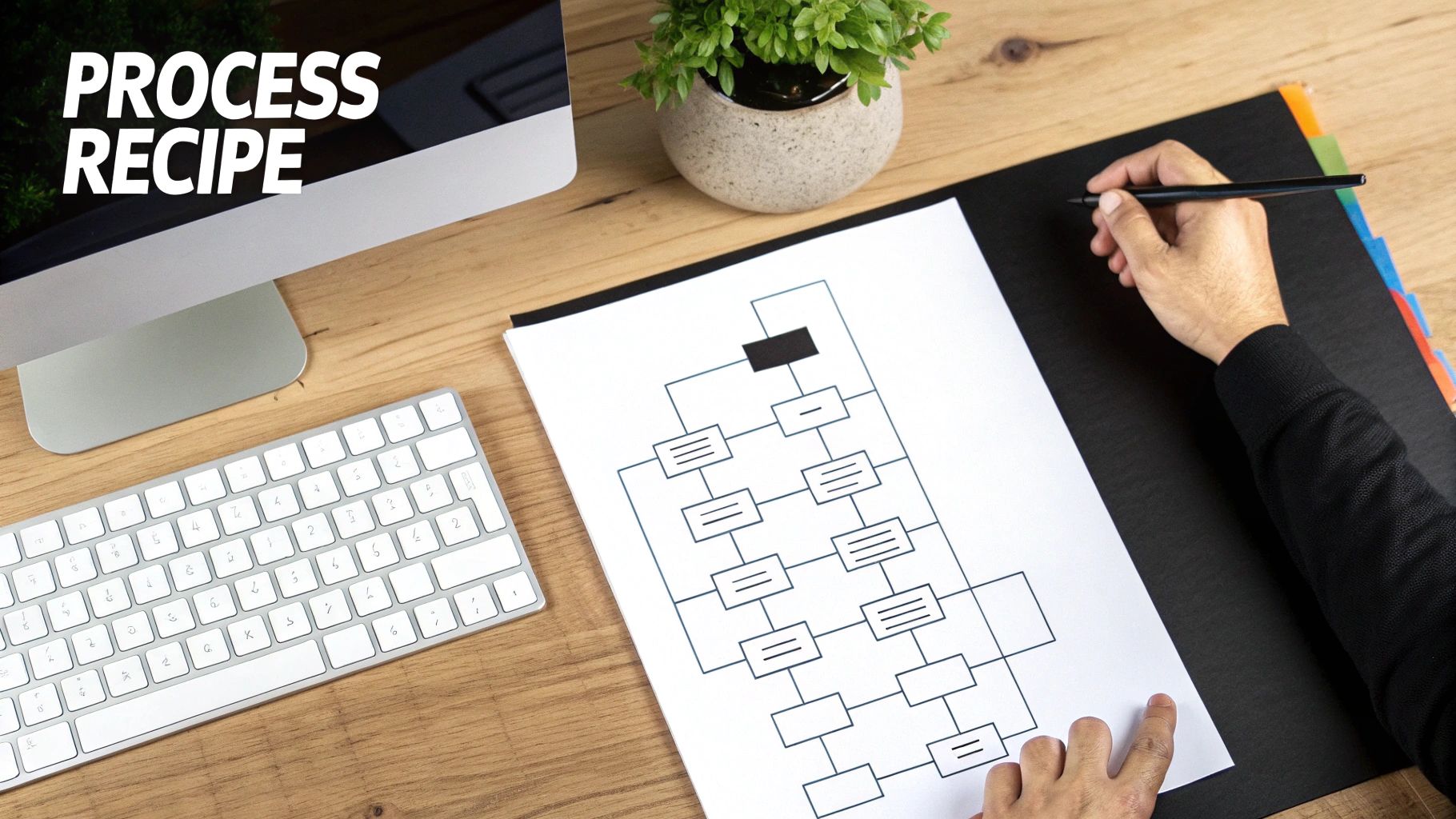 A team collaborating on a business process flow diagram on a whiteboard, showing charts and arrows.