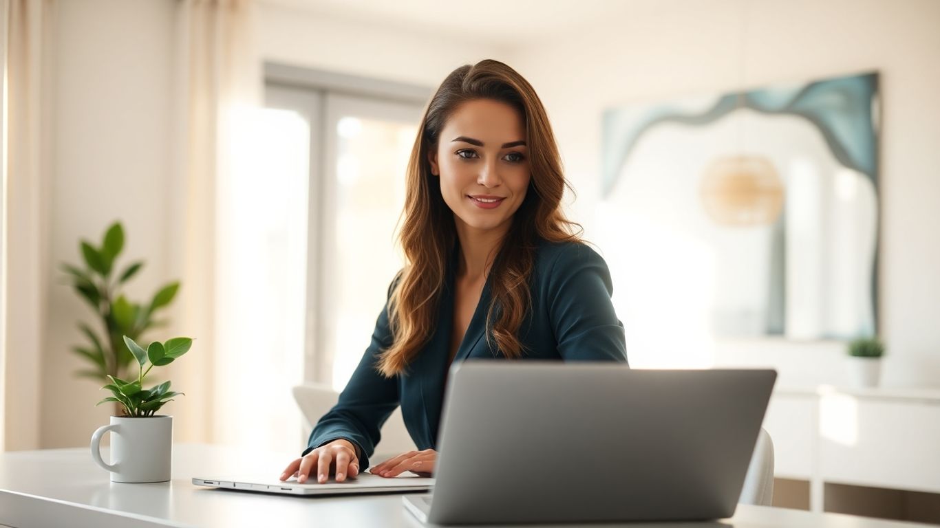 Woman working on laptop in home office