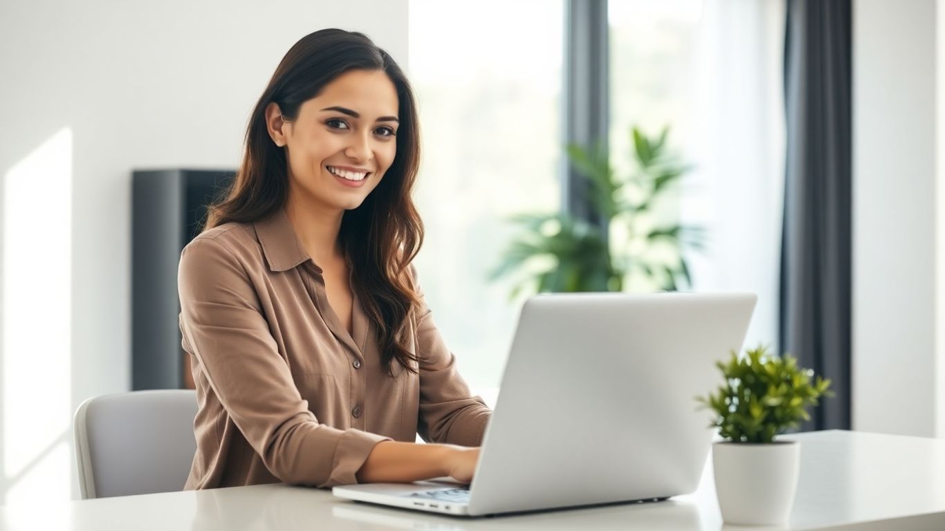 Woman working on laptop in home office