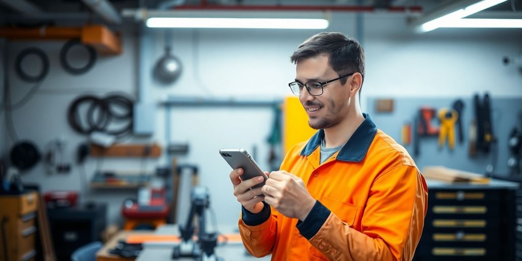 Electrician on phone in a workshop, looking focused.