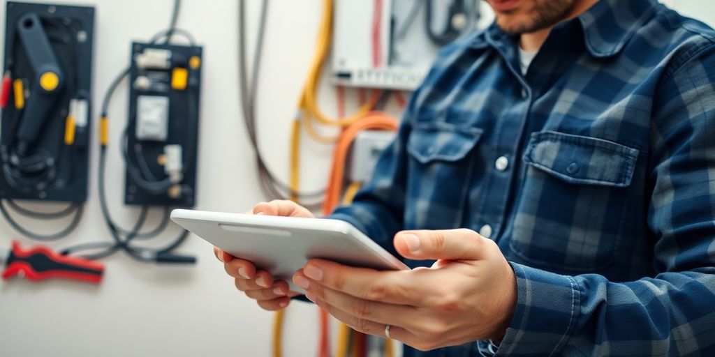 Electrician using tablet while working on electrical wiring.
