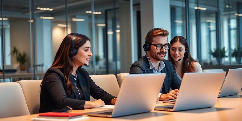 Modern office with professionals using technology in finance.