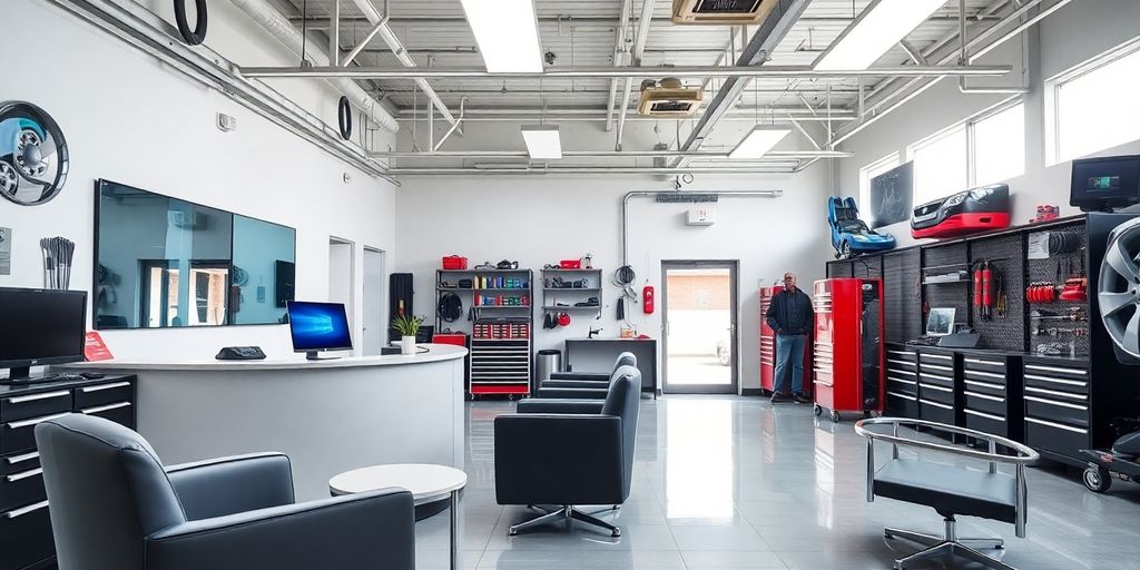 AI receptionist in a modern auto repair shop.