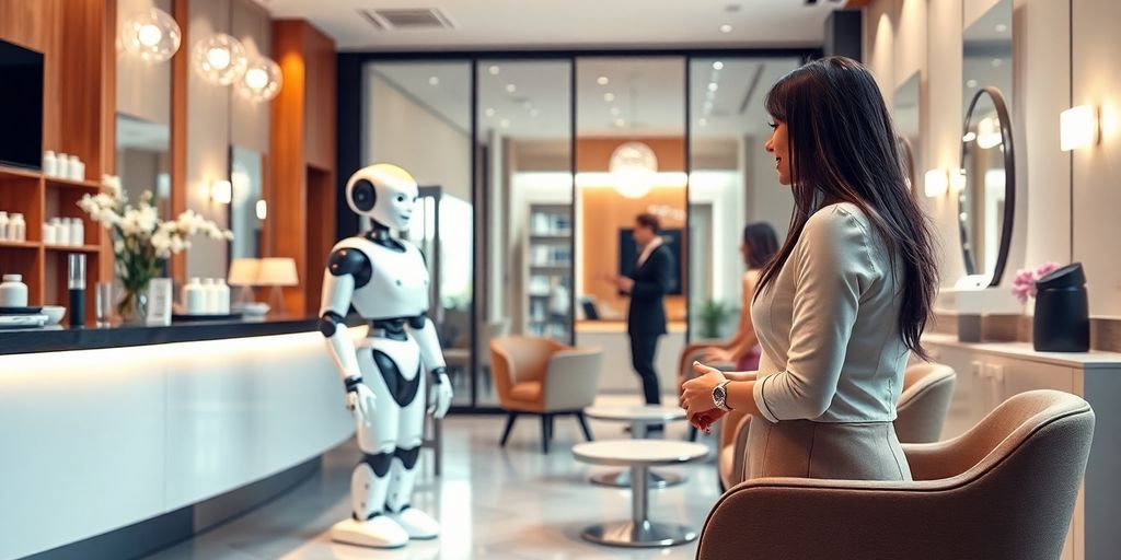 AI receptionist in a stylish beauty salon setting.