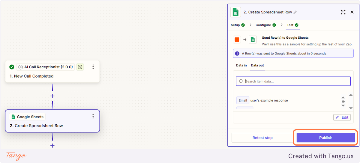 The final step is to publish your Zap so it goes live and starts running automatically!
