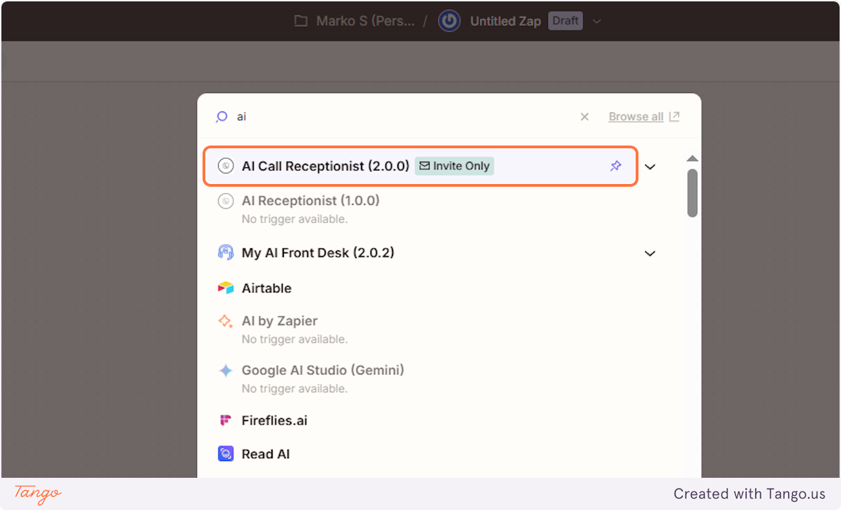 Click on AI Call Receptionist (2.0.0)…