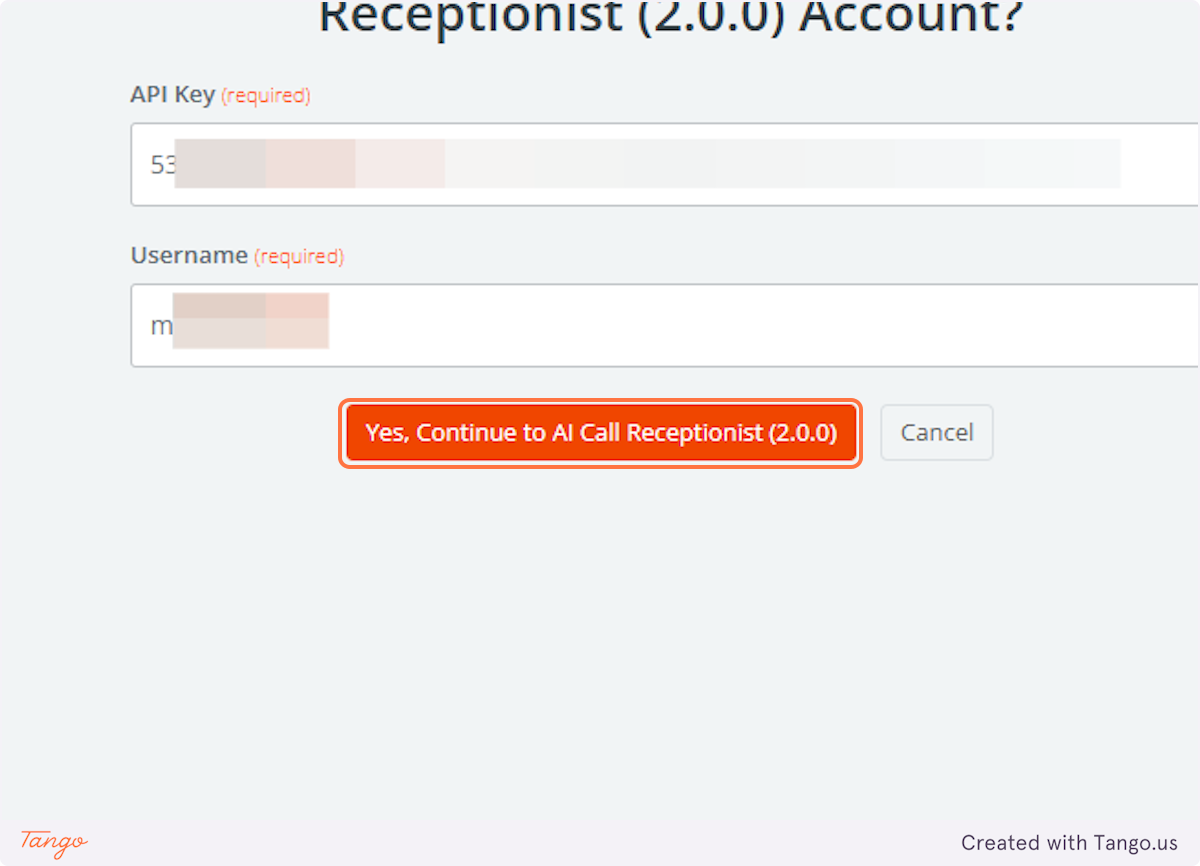 Click on Yes, Continue to AI Call Receptionist (2.0.0)