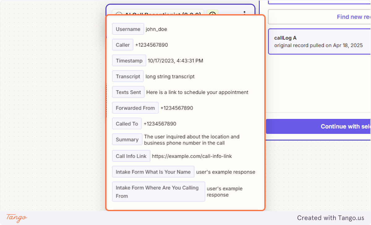 Here is all the information you can export from the call.