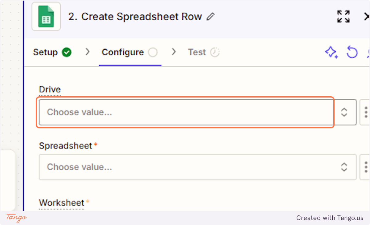 Now let's feel in all the other info required. We will add the drive we want to export the data to, the specific spreadsheet and the worksheet within that spreadsheet.