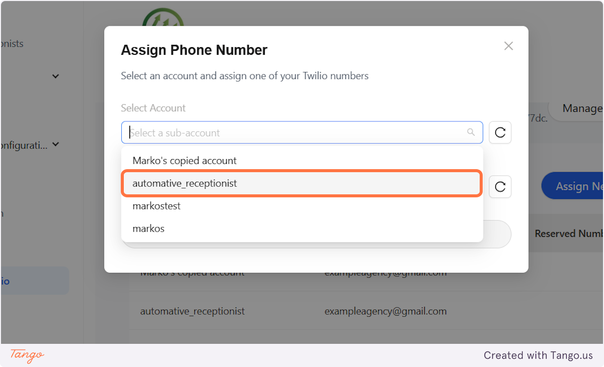 Click on dropdown trigger to find the subaccount you want to assign the number to.