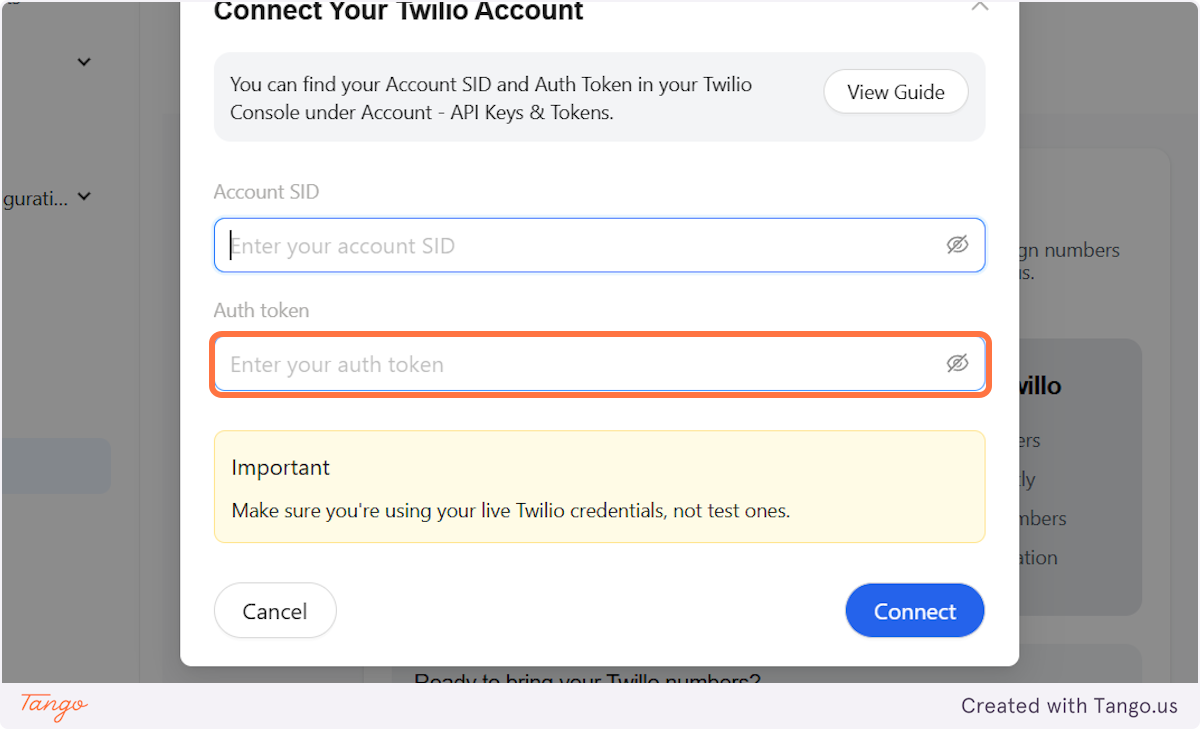 Enter the Account SID and Auth Token from the previous step.
