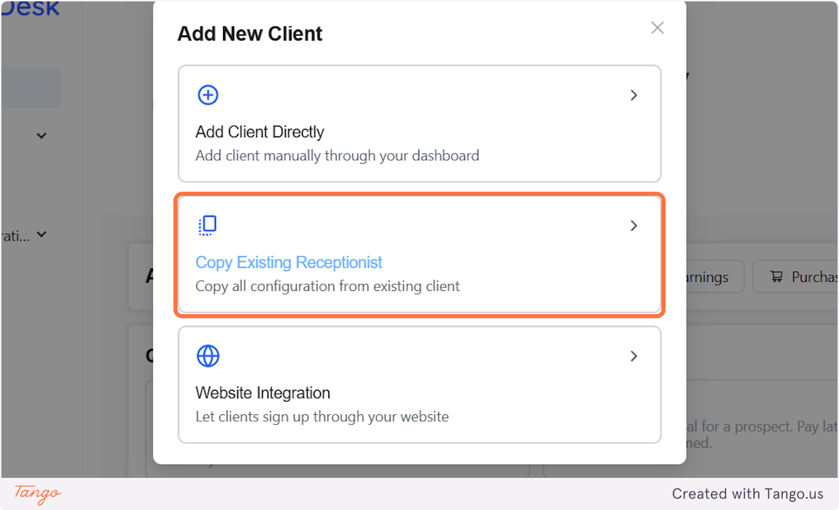 Click on Copy Existing Receptionist