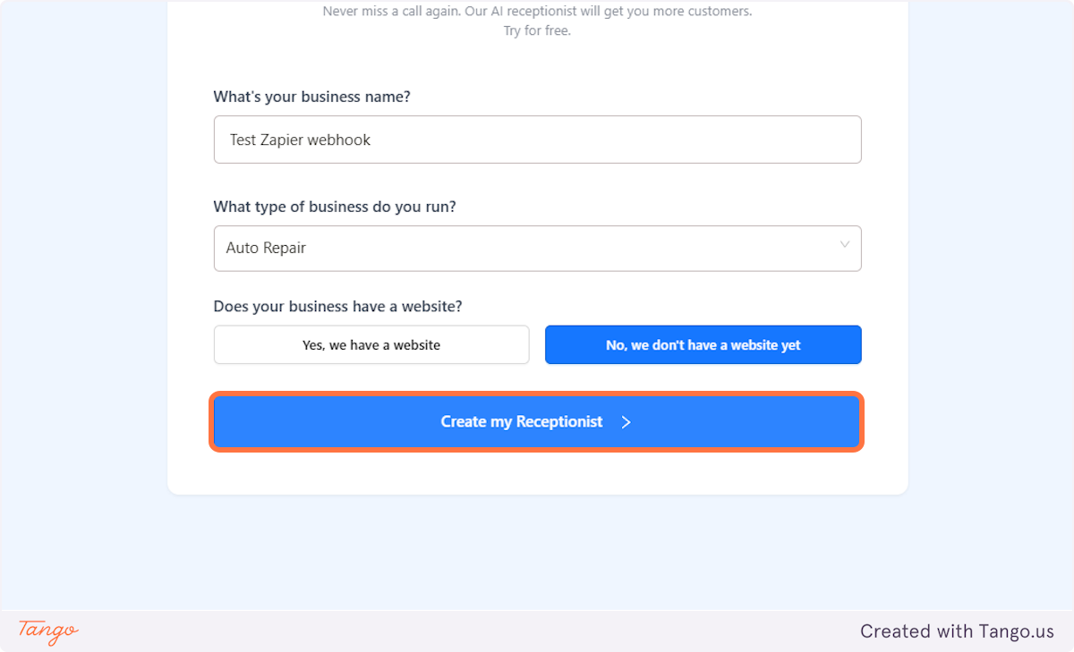 Click on Create my Receptionist