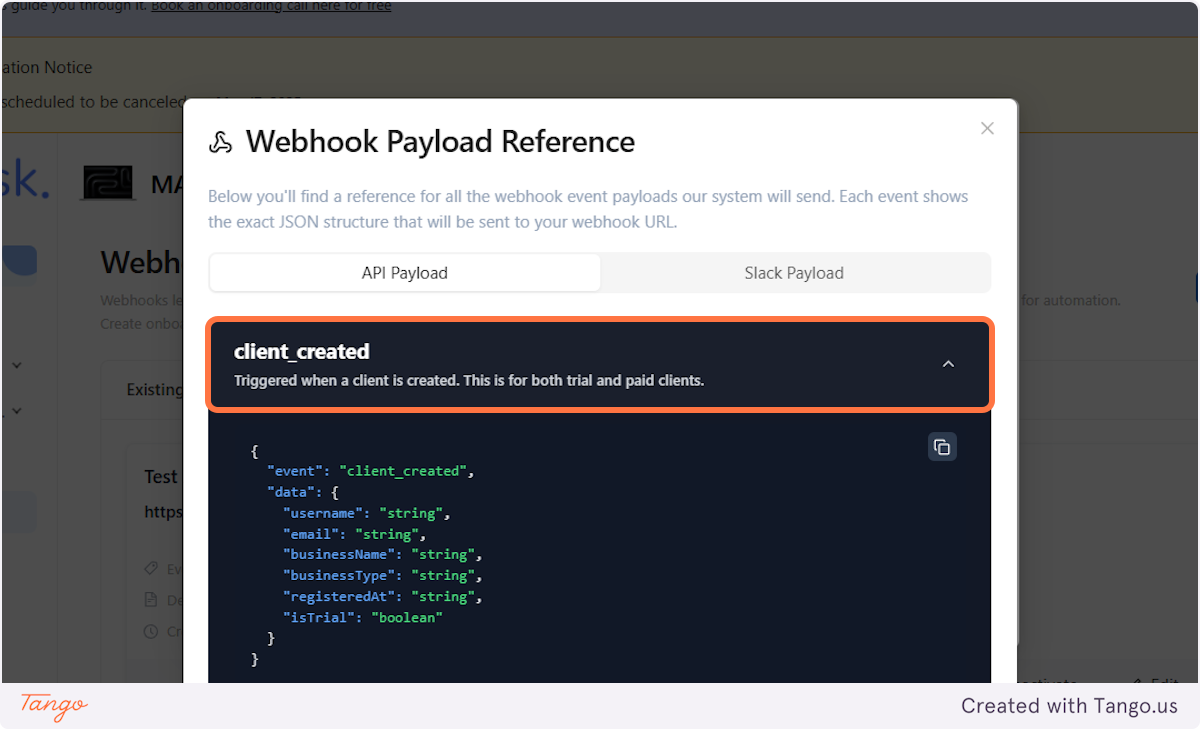 Here is all the information available for the client_created event. 