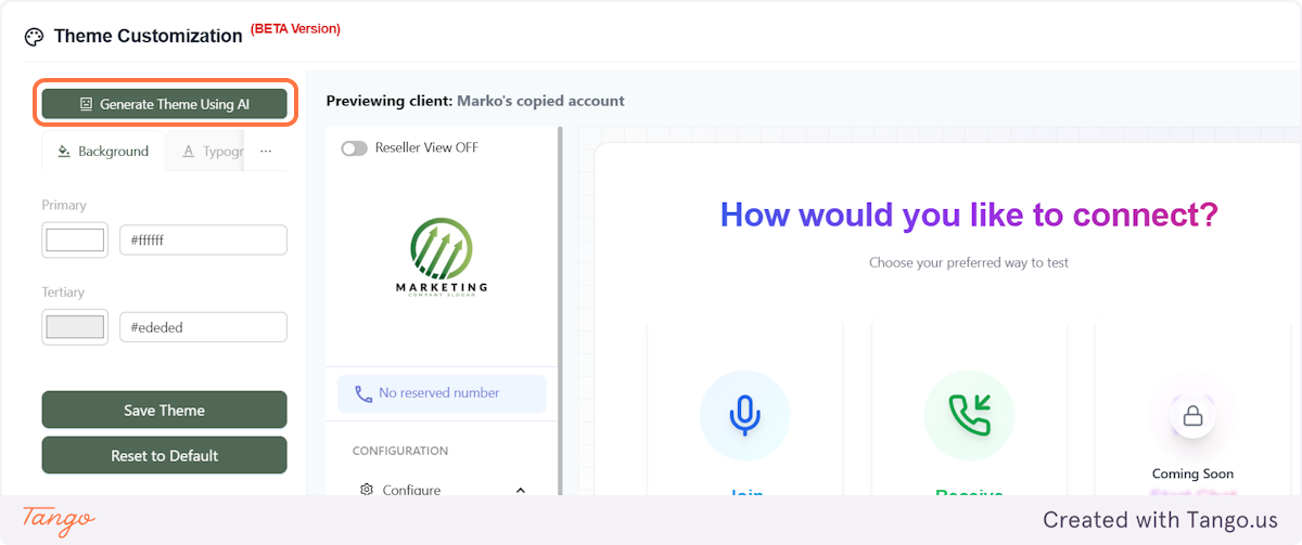 The easiest and quickest way to match our dashboard with your branding is to click on generate theme using AI