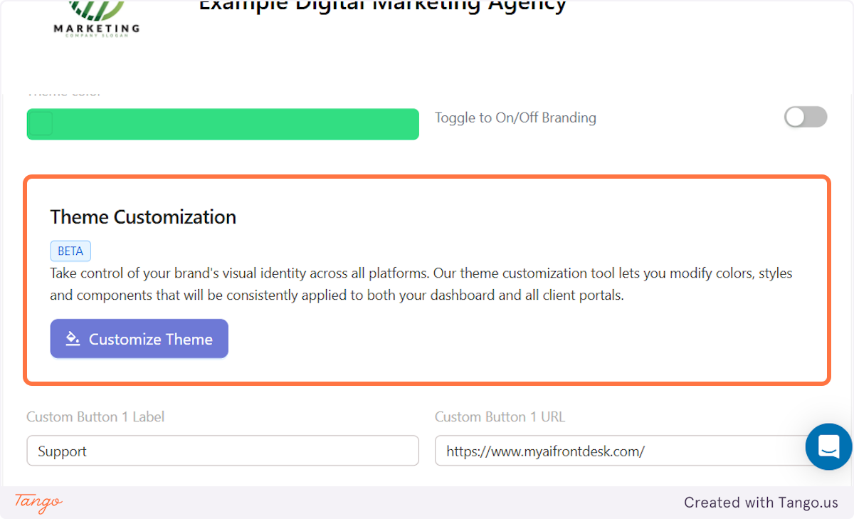 Theme customization is where you will make most of the branding changes.