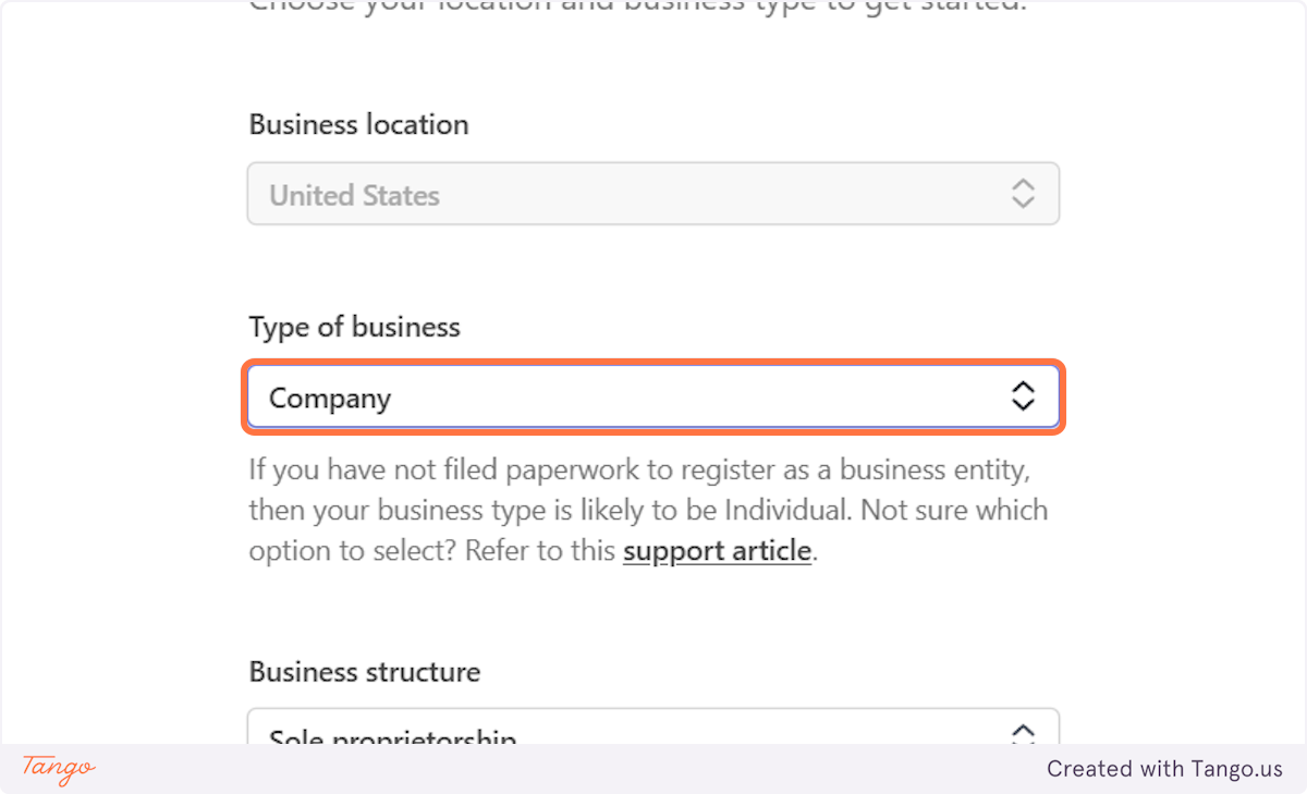 Select your type of business and the business structure of your company.
