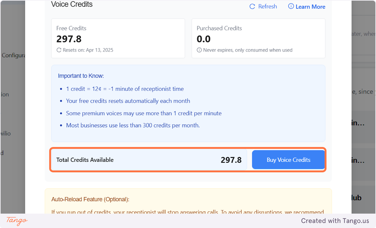 Total credits available include both Free minutes and Additional Purchased minutes
