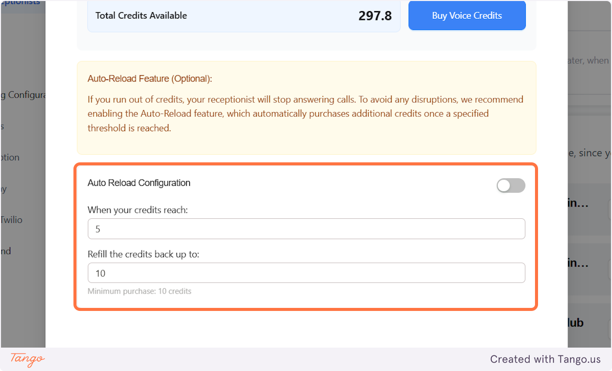 Choose the threshold when credits get purchased and how many credits you want added