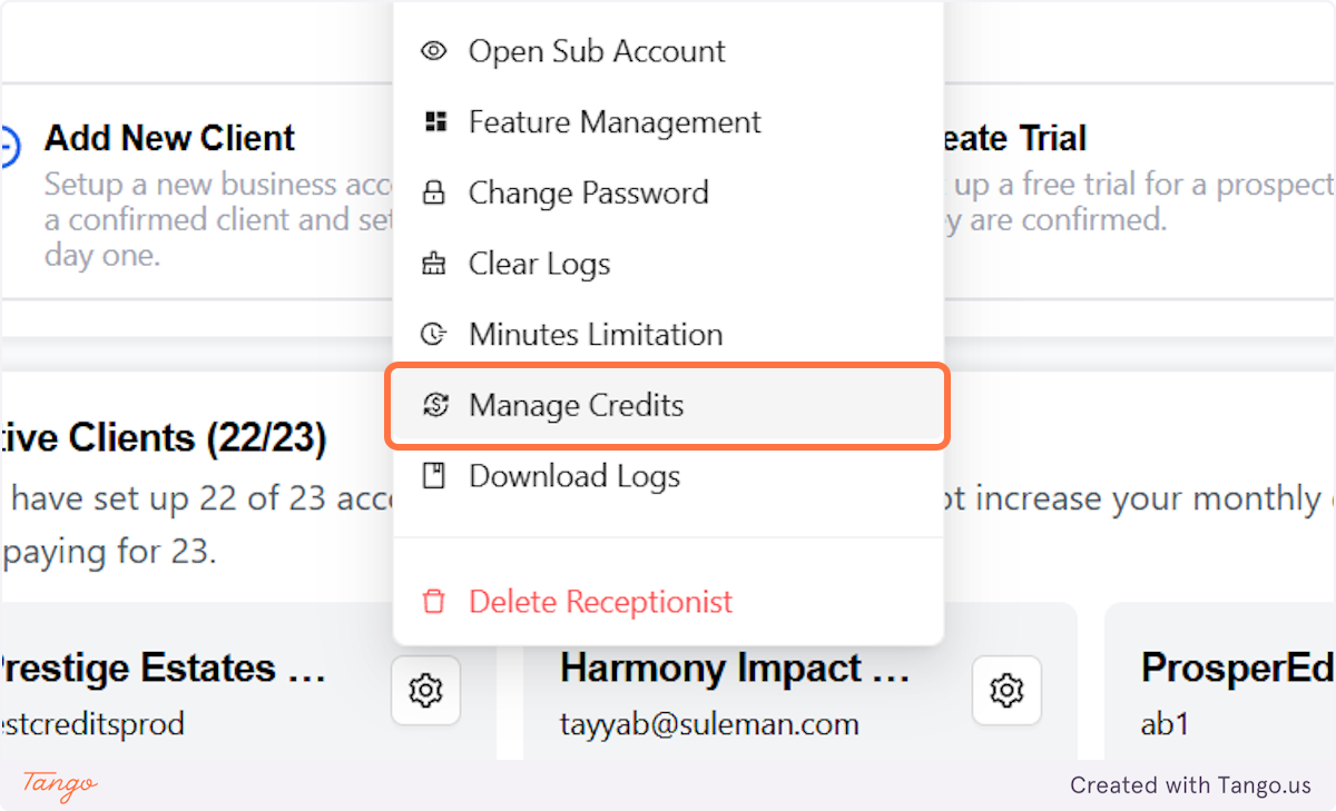 Now let's look into Manage Credits